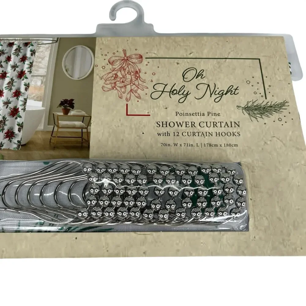 Christmas Shower Curtain Oh Holy Night Poinsettia Pine Hooks New